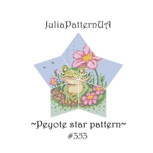 May include: A green frog sitting on a bed of green grass with pink flowers. The frog is surrounded by a blue star-shaped background. The text "~Peyote star pattern~ #553" is below the star.