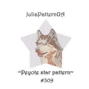 May include: A beaded star pattern featuring a husky dog with brown, white and blue colours. The pattern is labelled "~Peyote star pattern~ #309".