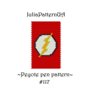 May include: A red, rectangular pattern with a white and yellow lightning bolt design. The text "JuliaPatternUA" is at the top, and "~Peyote pen pattern~ #117" is at the bottom. The design is likely for a pen.