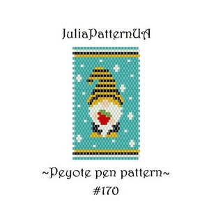 May include: A beading pattern for a gnome holding an apple. The pattern is on a turquoise background with white snowflakes and black and gold trim. The pattern is labeled "~Peyote pen pattern~ #170".