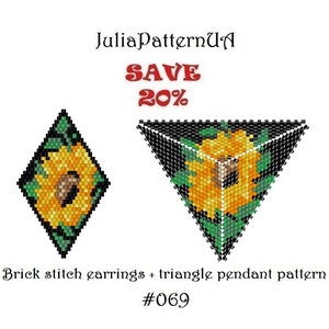 SET Sunflower Peyote triangle pattern Floral Brick stitch earrings pattern Beaded triangle pendant necklace DIY Seed bead patterns