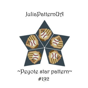 May include: A star-shaped pattern composed of five baseball glove designs. Each glove is tan with red stitching and a white baseball. The star is dark blue with white accents. Text includes "JuliaPatternUA", "~Peyote star pattern~", and "#192".