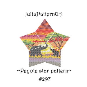 May include: A colorful peyote star beading pattern featuring a sunset scene with two elephants and a tree. The pattern is labeled "~Peyote star pattern~ #297".