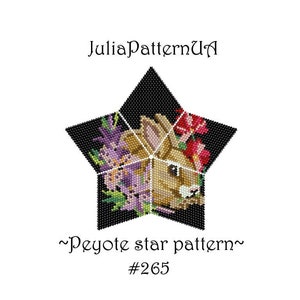 Peut inclure: Un modèle de broderie en perles en forme d'étoile peyote représentant un lapin brun avec un motif floral. Le modèle s'appelle "Peyote star pattern" et est numéroté #265.