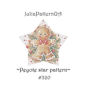 May include: A star-shaped peyote stitch pattern featuring a gingerbread man with a red bow tie and green holly leaves. The pattern is labeled "~Peyote star pattern~ #320".