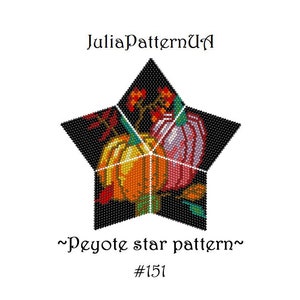 May include: A star-shaped peyote stitch beading pattern featuring a fall-themed design with pumpkins, leaves, and berries. The pattern is labelled "Peyote star pattern #151".