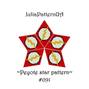 May include: A red five-pointed star beading pattern with a white center and yellow lightning bolt designs. The pattern is labeled "~Peyote star pattern~ #091".