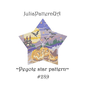 May include: A peyote star pattern beading project featuring a Halloween theme with pumpkins, bats, and a moon. The pattern is labelled "~Peyote star pattern~ #289".