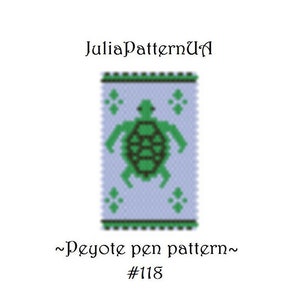 May include: A peyote stitch pattern featuring a green turtle on a light blue background. The pattern is labelled "JuliaPatternUA #118".
