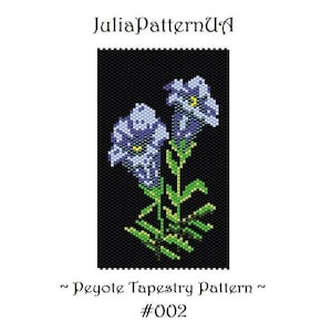 May include: A peyote tapestry pattern for beading, featuring two purple flowers with green stems and leaves on a black background. The pattern is labeled "#002".