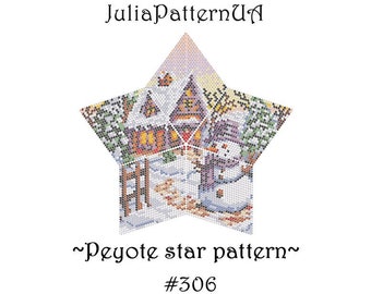 Snowman Winter landscape Peyote star pattern Christmas 3D Beaded star pattern DIY Forest house Warped square seed bead patterns Puffy star