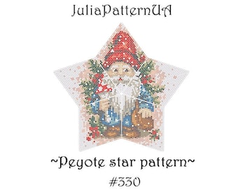 Gnome with fly agaric Peyote star pattern PDF Christmas ornament 3D Beaded star pattern DIY Puffy star Warped square seed bead patterns