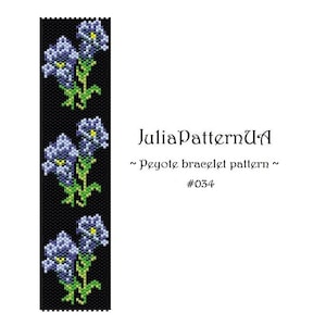 May include: A black vertical pattern featuring three beaded floral designs with blue and yellow flowers and green stems. The text "JuliaPatternUA" and "~ Peyote bracelet pattern ~ #034" is also present.