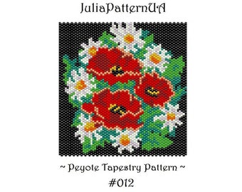 May include: A peyote tapestry pattern featuring a bouquet of red poppies and white daisies on a black background. The pattern is labeled "Peyote Tapestry Pattern #012".