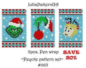 SET of 3 pcs. Peyote pen cover patterns PDF Green christmas characters Beaded pen wrap patterns for G2 pilot DIY Seed bead patterns