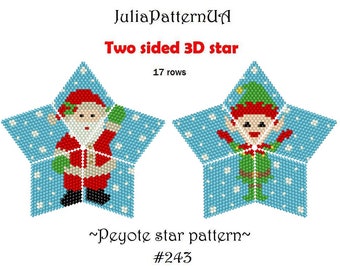 Christmas elf and Santa Two sided 3D peyote star pattern PDF Beaded star pattern Peyote stitch puffy star Warped square Seed bead patterns