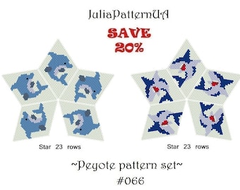 SET Shark Dolphin 3D Peyote star pattern PDF Sea animal Beaded star pattern DIY Peyote stitch puffy star Warped square seed bead patterns