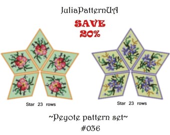 SET Floral 3D peyote star pattern PDF Flower Beaded star pattern DIY Warped square pattern Peyote stitch puffy star Seed bead patterns