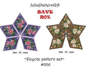 SET Roses Peyote star pattern PDF White pink flower 3D Beaded star pattern Peyote stitch puffy star DIY Warped square seed bead patterns