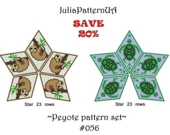 SET Turtle Sloth Peyote star pattern PDF Animal 3D Beaded star pattern DIY Warped square seed bead patterns Peyote stitch puffy star