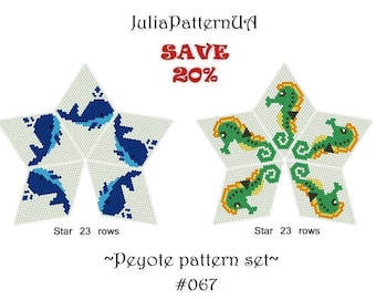 SET Seahorse Whale Peyote star pattern PDF Sea animal 3D Beaded star pattern DIY Peyote stitch puffy star Warped square seed bead patterns