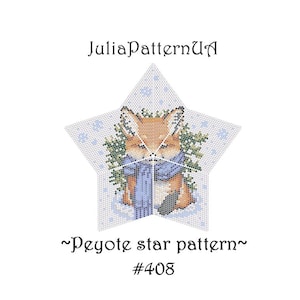 Puede incluir: Un patrón de estrella de peyote con un zorro que lleva una bufanda azul, rodeado de follaje verde y copos de nieve. El patrón está etiquetado como "Peyote star pattern" y "#408".