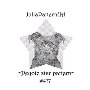 Puede incluir: Un diseño en forma de estrella con la cara de un perro, creado con pequeños detalles pixelados. El texto "JuliaPatternUA" está en la parte superior, con "~Peyote star pattern~" y "#477" debajo. El diseño está sobre un fondo blanco.