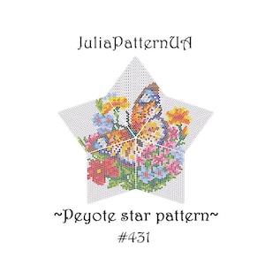 Könnte beinhalten: Ein sternförmiges Kreuzstichmuster mit einem Schmetterling und Blumen in leuchtenden Farben. Das Design enthält den Text "JuliaPatternUA", "~Peyote star pattern~" und "#431". Der Schmetterling hat orange, weiße und blaue Flügel.