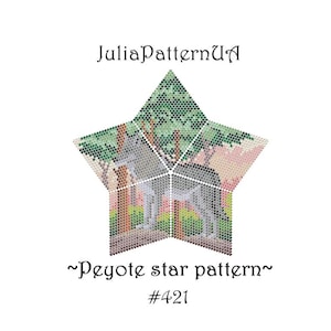 Könnte beinhalten: Ein sternförmiges Muster mit einem Wolf in einer Waldszene, mit dem Text "JuliaPatternUA" oben. Das Design enthält den Text "~Peyote star pattern~ #421" unten. Das Bild ist vor einem weißen Hintergrund.