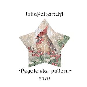 Könnte beinhalten: Ein sternförmiges Muster mit einer detaillierten Illustration eines Kardinals auf einem Ast mit roten Beeren, vor einem schneebedeckten Hintergrund. Der Text "JuliaPatternUA", "~Peyote star pattern~" und "#470" sind ebenfalls sichtbar.