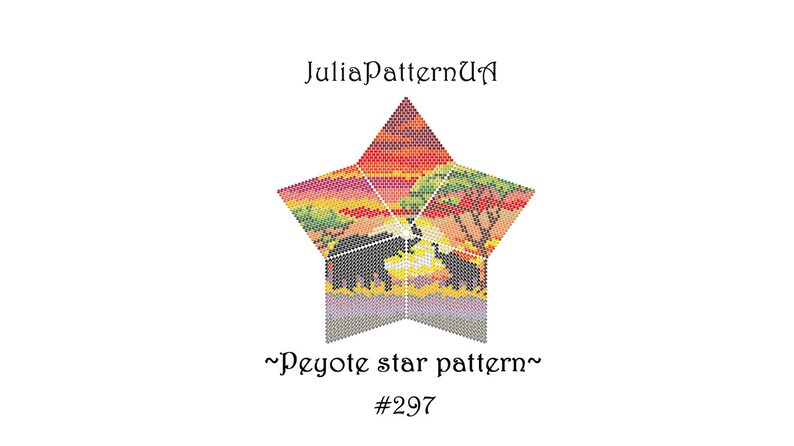 Pu&ograve; includere: Uno schema di perline a punto peyote a forma di stella che rappresenta una scena di tramonto con due elefanti e un albero. Lo schema &egrave; etichettato "~Peyote star pattern~ #297".