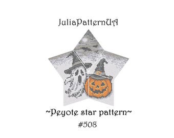 Ghost and pumpkin 3D Peyote star pattern PDF Halloween Beaded star pattern DIY Warped square seed bead patterns Peyote stitch puffy star
