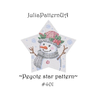 Puede incluir: Un patrón en forma de estrella con un diseño de muñeco de nieve. El muñeco de nieve tiene una nariz de zanahoria, una bufanda gris y un sombrero adornado con detalles rosas y rojos. También se ve el texto "JuliaPatternUA" y "~Peyote star pattern~ #401".