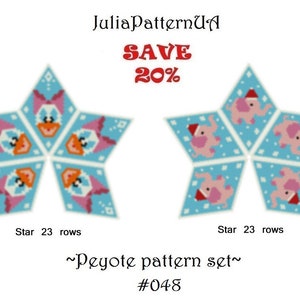Op de afbeelding: Twee stervormige Peyote patroonsets. Eén met cartoon eenden, de andere met roze olifanten met kerstmutsen. De tekst luidt "SAVE 20%" en "Star 23 rows". De set is gelabeld met "~Peyote pattern set~ #048".