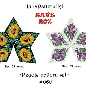 May include: A digital pattern set for beading two star-shaped projects. One star features a sunflower design and the other features an iris design. The pattern is for peyote stitch and each star is 23 rows. The text "SAVE 20%" is in red letters. The text "~Peyote pattern set~ #060" is below the stars.
