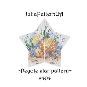 May include: A peyote star pattern with a seashell and starfish design. The pattern is in shades of blue, green, white, orange, and brown. The text "~Peyote star pattern~ #404" is at the bottom of the image.