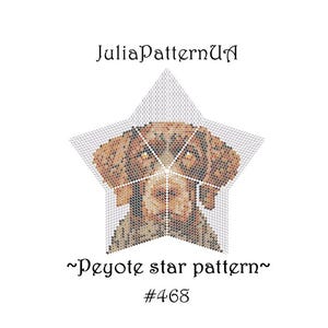 Pode incluir: Um padrão em forma de estrela com o rosto de um cão, criado com pequenas contas coloridas. O texto "JuliaPatternUA" está no topo, com "~Peyote star pattern~ #468" na parte inferior. A pelagem do cão é castanha e bege.