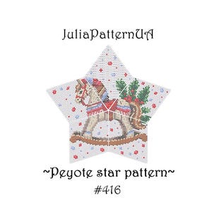 May include: A star-shaped pattern with a rocking horse design in red, blue, and green. The text "JuliaPatternUA" is at the top, with "~Peyote star pattern~ #416" at the bottom. The design is set against a white backdrop.