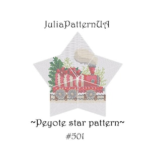 May include: A star-shaped peyote beadwork pattern featuring a red steam train with smoke, green pine trees, and a brown fence. The text JuliaPatternUA, ~Peyote star pattern~, and #501 are printed in black on the white background of the image.