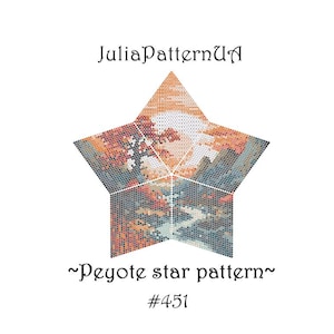 Op de afbeelding: Een stervormig patroon met een landschapsontwerp in tinten oranje, bruin en blauw. De tekst "JuliaPatternUA", "~Peyote star pattern~" en "#451" is ook zichtbaar.