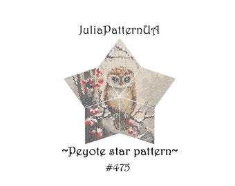 Owl Winter landscape 3D Peyote star pattern PDF Forest bird Beaded star pattern Warped square seed bead patterns Peyote stitch puffy star