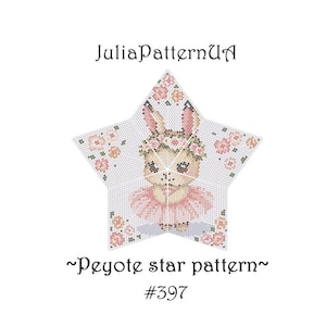 Può includere: Un motivo a stella in peyote rosa e bianco con un coniglio che indossa un tutù rosa e una corona di fiori. Il motivo è etichettato "Peyote star pattern #597".