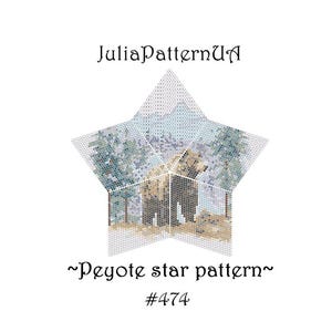 May include: A star-shaped pattern with a forest scene and a bear. The text "JuliaPatternUA" is at the top, and "~Peyote star pattern~ #474" is at the bottom. The design is on a white background.