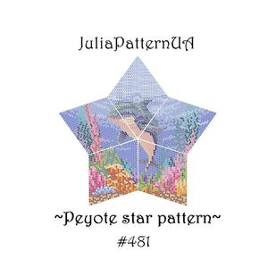 Könnte beinhalten: Ein sternförmiges Muster mit einer Meereslandschaft, die einen Delfin und Korallenriffe zeigt. Der Text "JuliaPatternUA" steht oben, mit "~Peyote star pattern~" und "#481" unten. Das Design ist in Blau-, Rosa- und Orangetönen gehalten.