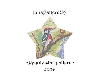 Woodpecker 3D Peyote star pattern PDF Forest bird Beaded star pattern Warped square seed bead patterns Peyote stitch puffy star