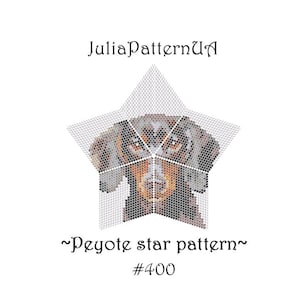 May include: A peyote star pattern beading project featuring a dachshund's face. The pattern is labeled "#400" and "~Peyote star pattern~" in the image.