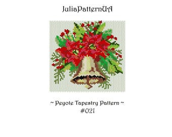 Christmas bell with poinsettia Peyote tapestry pattern PDF Winter flower Beaded tapestry patterns Seed bead patterns Odd count peyote stitch