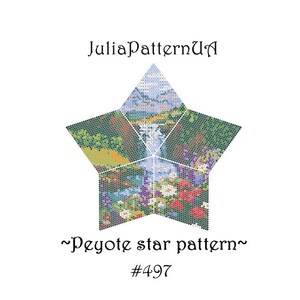 May include: A star-shaped pattern featuring a landscape with a waterfall, flowers, and trees. The text "JuliaPatternUA" is at the top, with "~Peyote star pattern~" and "#497" at the bottom. The design is on a white background.
