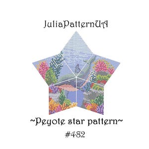 Könnte beinhalten: Ein sternförmiges Muster mit einem Landschaftsdesign, das bunte Blumen, Bäume und ein Gebäude zeigt. Der Text "JuliaPatternUA" befindet sich oben, mit "~Peyote star pattern~" und "#482" unten. Das Design befindet sich auf weißem Hintergrund.