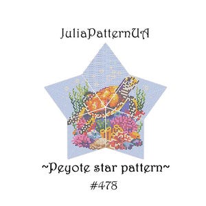 May include: A star-shaped cross-stitch pattern featuring a sea turtle surrounded by coral and seaweed. The design is in shades of orange, blue, green, and pink. Text at the top reads "JuliaPatternUA" and at the bottom "~Peyote star pattern~ #478".